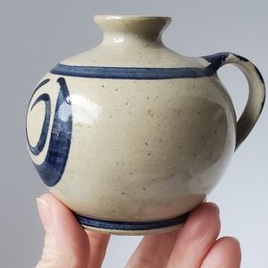 Signed Studio Pottery Jug Vase 3.5" Blue Handpainted Design EUC